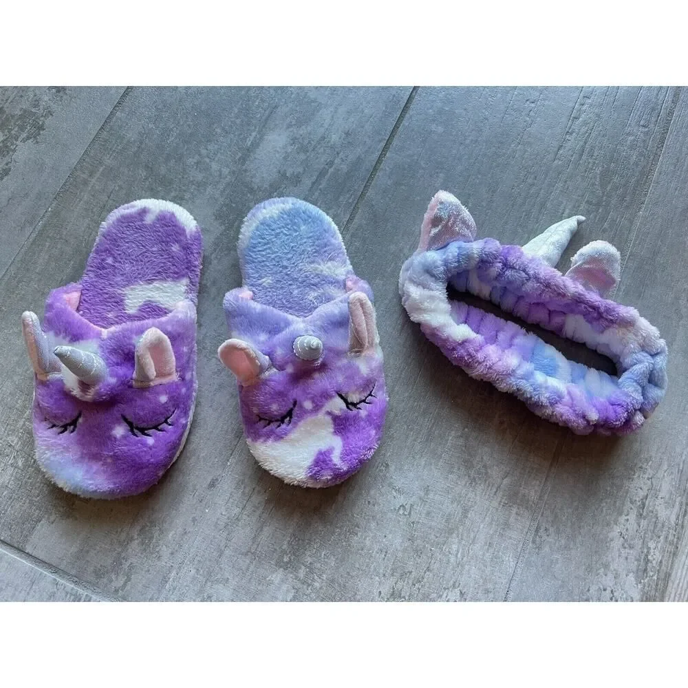 Los Angeles Boutique Tie Dye Unicorn Plush Slippers House Shoes Headband 12-13